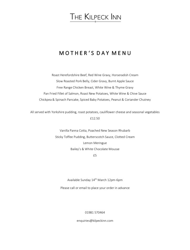 Mother’s Day at the Inn. Now taking bookings for takeaway lunches Sunday 14th March 12pm-6pm