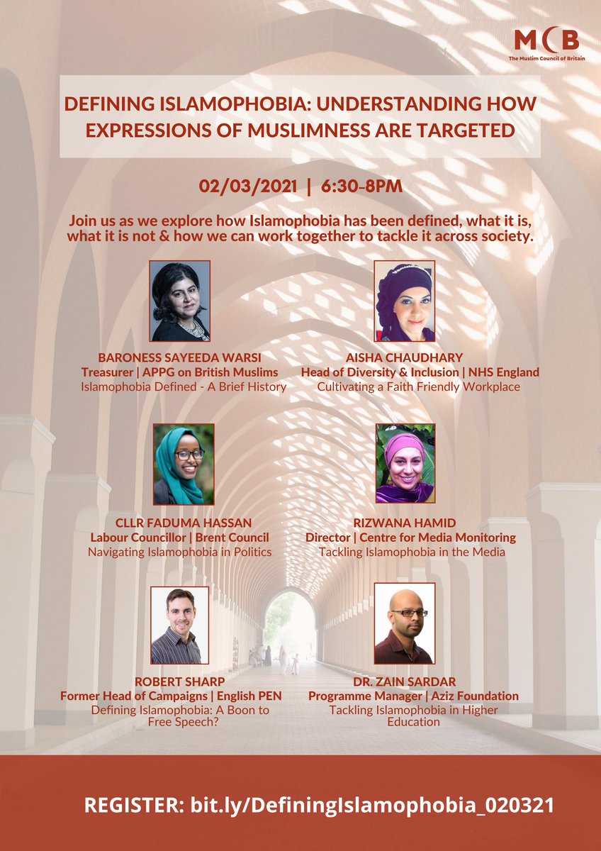 MuslimCouncil's tweet photo. 📢 REPORT LAUNCH: DEFINING ISLAMOPHOBIA

Join us &amp; our fantastic panel of speakers as we explore how Islamophobia has been defined, what it is/is not &amp; how we can work together to tackle it across society.

🗓️ Tuesday, 2nd March | 6:30-8:00pm

➡️ Register: https://t.co/TejTNMApjy https://t.co/sTyEcHl6W5