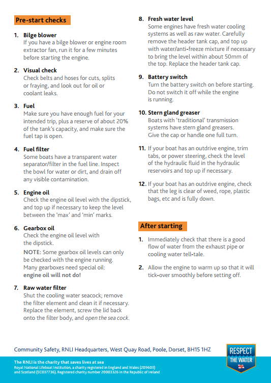 Take a look at the RNLI's outboard, inboard, and outdrive engine checklists below. When checking your craft if you find anything that concerns you never take the chance and always have a professional take a look. 🙂🛥 #RespectTheWater #RNLI #SavingLivesAtSea