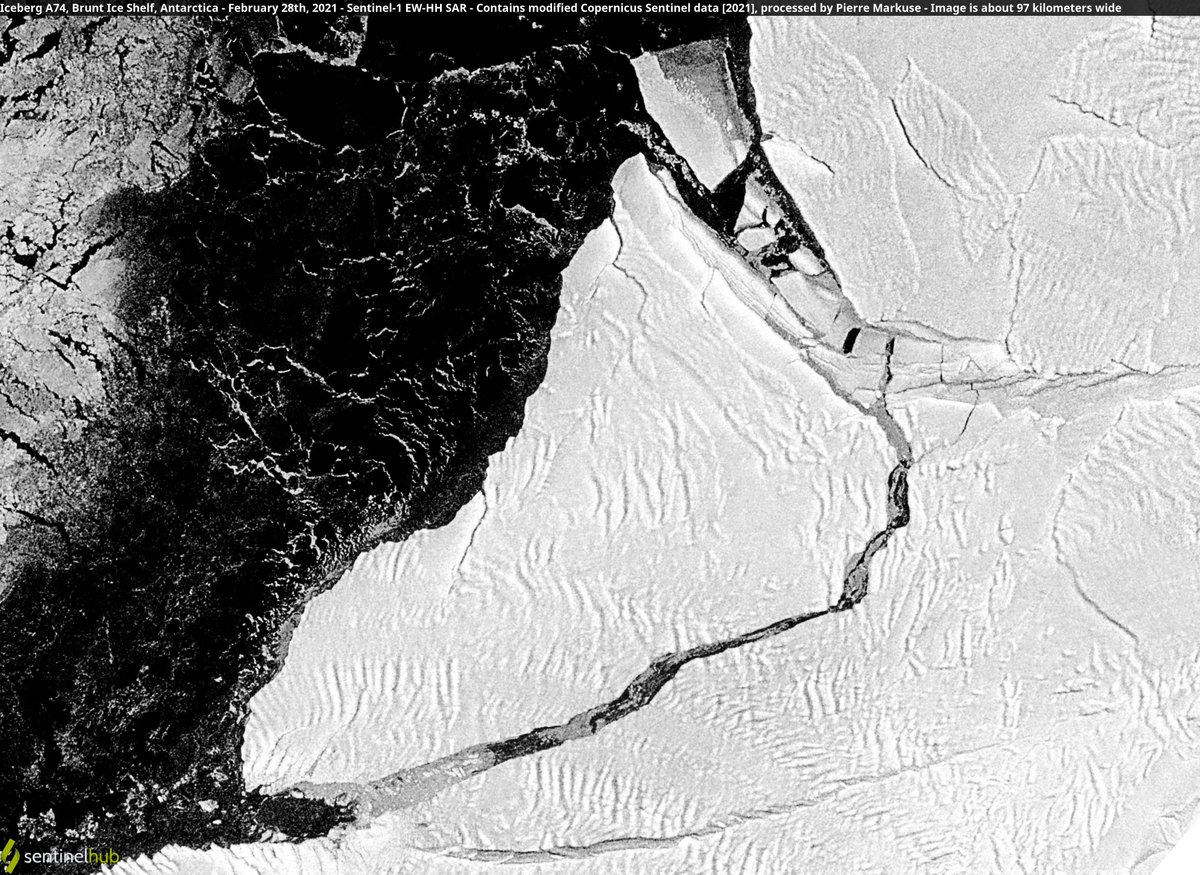Copernicus EU (@CopernicusEU) on Twitter photo 2021-03-01 17:19:20 🔵Iceberg A74 (size about 1,280 km²), Brunt Ice Shelf, #Antarctica🇦🇶 28 Feb 2021 #Copernicus🇪🇺 #Sentinel-1🛰️ #SAR Full-size ➡️ flic.kr/p/2kG22ED #OpenData #scicomm #RemoteSensing #Iceberg #A74 #BruntIceShelf 🔵Iceberg A74 (size about 1,280 km²), Brunt Ice Shelf, #Antarctica🇦🇶 28 Feb 2021 #Copernicus🇪🇺 #Sentinel-1🛰️ #SAR Full-size ➡️ flic.kr/p/2kG22ED #OpenData #scicomm #RemoteSensing #Iceberg #A74 #BruntIceShelf