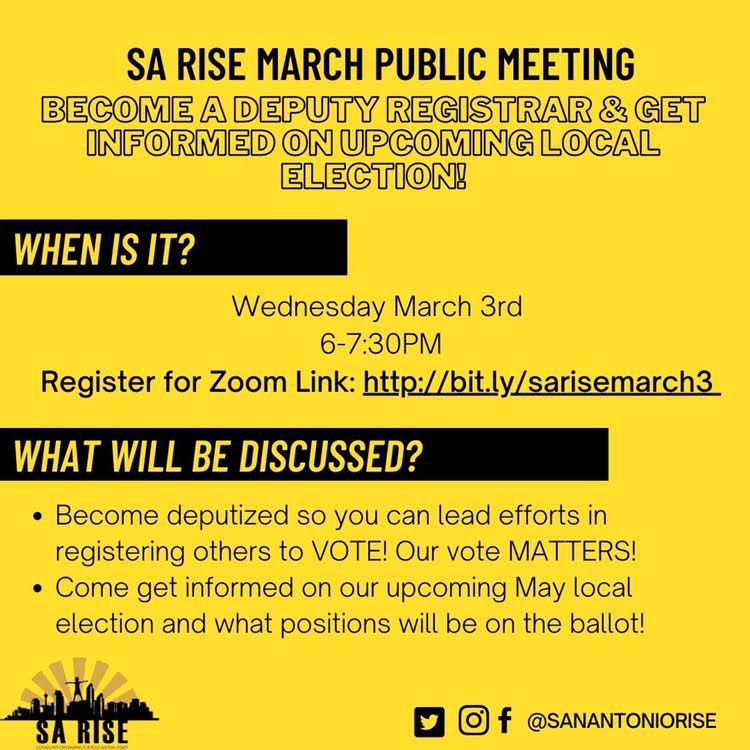 Join in this Wednesday! Let’s continue to be civically engaged by learning how to become a deputy registrar &amp; our May 2021 LOCAL elections. 

Register here: bit.ly/sarisemarch3 

Bring a friend! 

#SARISE 
<a href="/SanAntonioRISE/">SA RISE</a>
