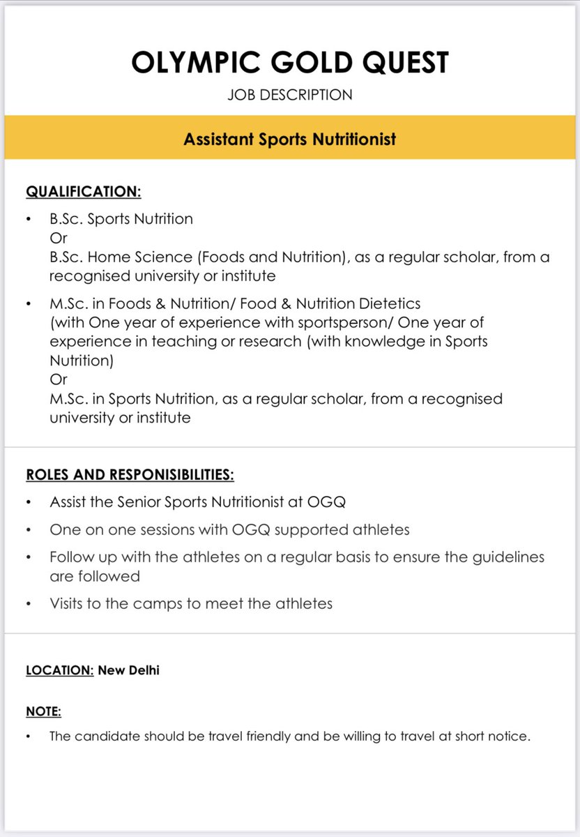 OGQ (@ogq_india) on Twitter photo ⚠️We are hiring ⚠️ Position: Assistant Sports Nutritionist. Interested candidates can email their CV to : careers@olympicgoldquest.com with subject line - Nutritionists vacancy. ⚠️We are hiring ⚠️ Position: Assistant Sports Nutritionist. Interested candidates can email their CV to : careers@olympicgoldquest.com with subject line - Nutritionists vacancy.