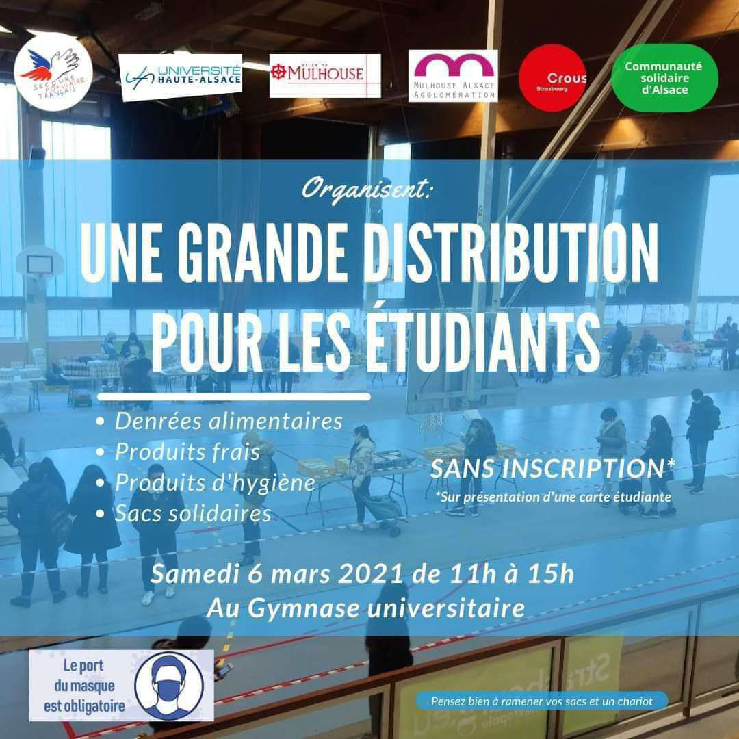 iutmulhouse's tweet photo. Pour lutter contre la précarité des étudiants, une grande distribution aura le samedi 6 mars 2021 de 11h à 15h, au Gymnase universitaire (campus Illberg, Mulhouse) !

Plus d'infos sur : https://t.co/AG4TlmgvMM https://t.co/5lqm80BqVv