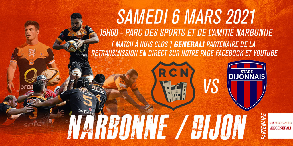 Samedi 06 Mars à 15h, nous recevons le Stade Dijonnais au Parc des Sports et de l’Amitié ! 

❌ Match à huis clos
🎥 en direct sur notre page Facebook et YouTube
🎥 Production vidéo : <a href="/Serierugby/">Série Rugby</a> Production

Allez le Racing !

#NotreForceSeraCollective 🟠⚫️