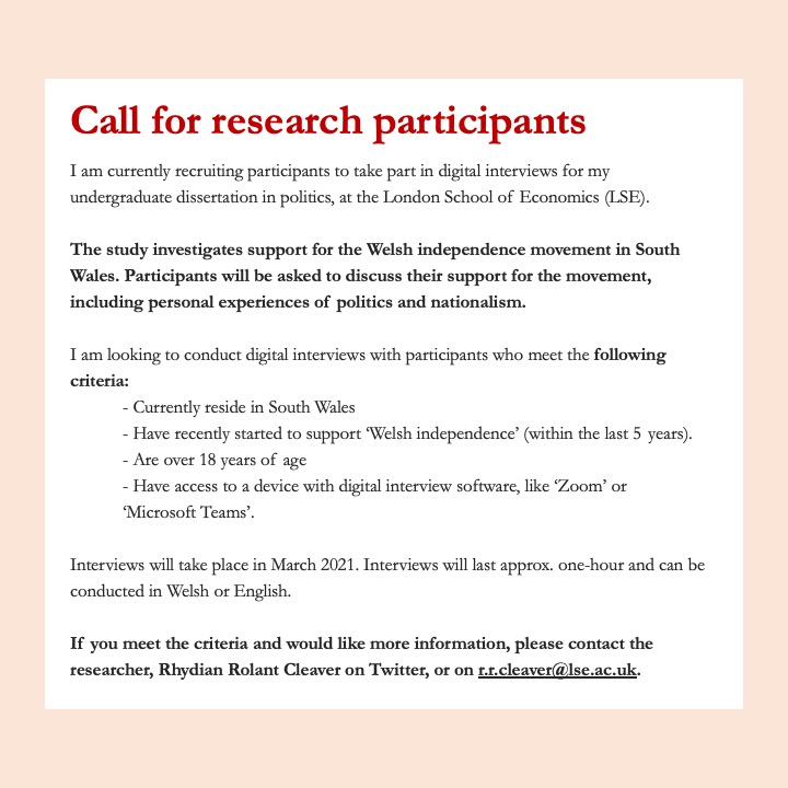 Dydd Gwyl Dewi Hapus! I'm looking for a last few supporters of #indywales to take part in online interviews for my politics dissertation. If you or someone you know are recent supporters of independence, and live in South Wales, I'd love to hear from you. Please DM + RT to share!