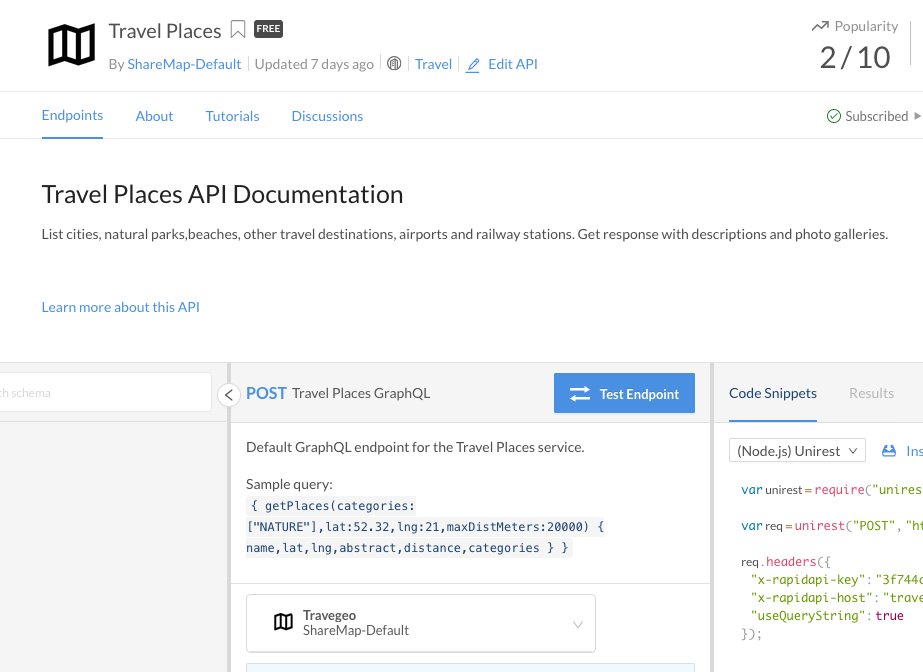 TravegeoPlanner's tweet photo. Travegeo Travel Places GraphQL API is now available on the @Rapid_API for anyone #Travegeo #Wikivoyage #API #GraphQL 

https://t.co/gpuSMYyof0 https://t.co/EAjuf9hQ9M