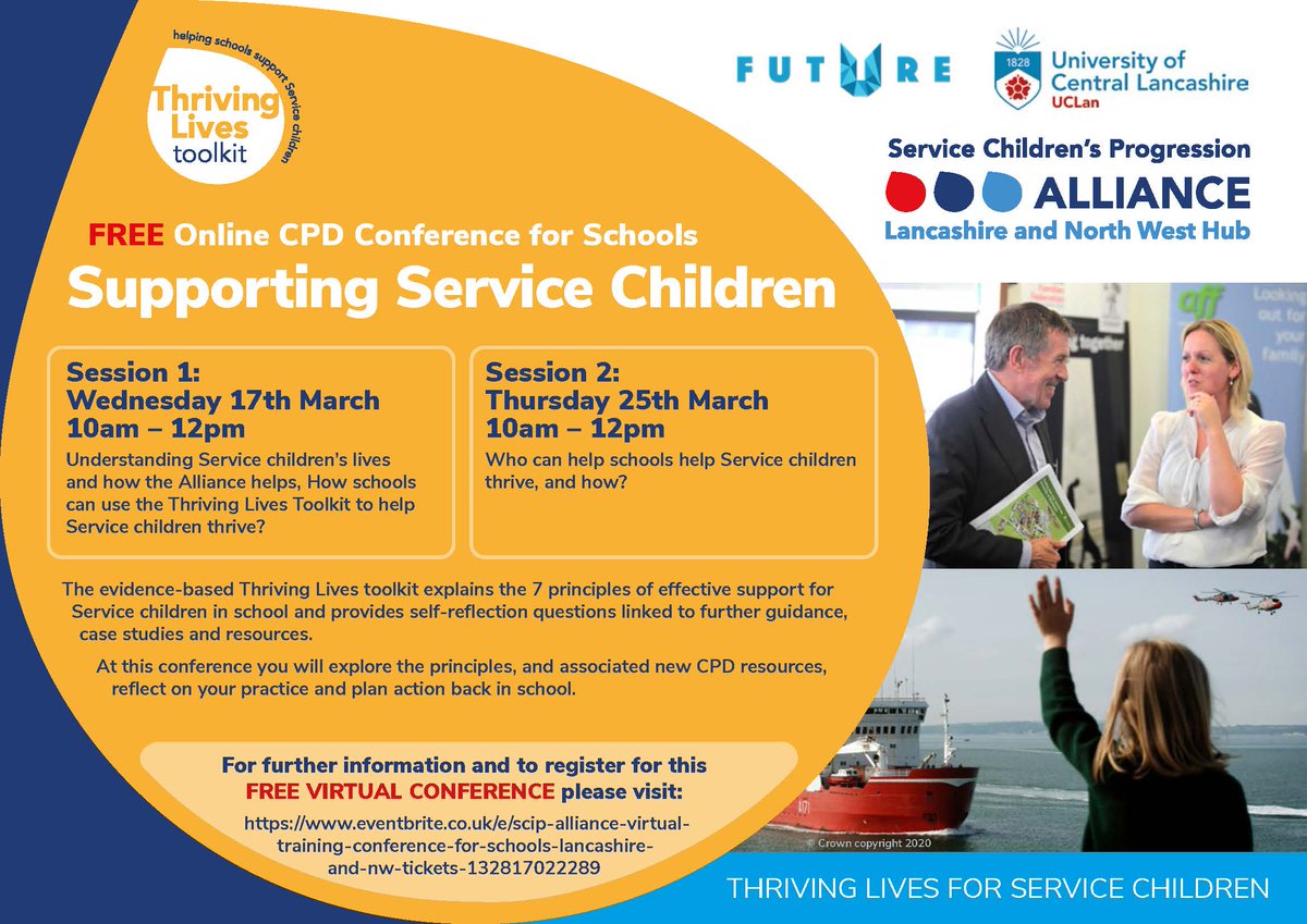 hellofutureccop's tweet photo. Calling anyone working with primary or secondary school learners! Check out these sessions on Supporting Service Children supported by @UCLan @lancsfutureu and @scipalliance. 

📆 Weds 17th &amp; Thurs 25th March
🕒 10am-12pm 

Read more and sign up here: https://t.co/goPpdBe9P3 https://t.co/7NJq6M763N