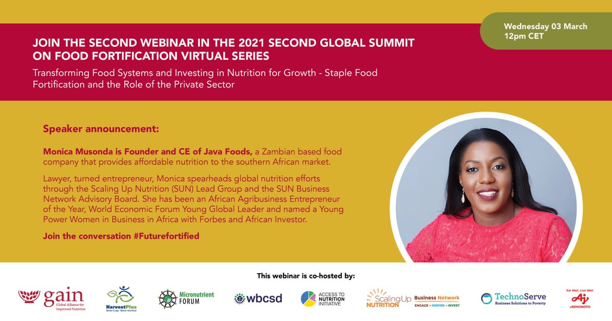 #DYK <a href="/monicamusonda/">Monica Musonda</a> is a #SUNLG member, a global #nutrition ambassador and the CEO of Zambian based nutritious food innovator Java Foods? Join Musonda and other key speakers at the #FutureFortified webinar, Wednesday March 3, 12pm CET
Sign up: bit.ly/3aoajcu