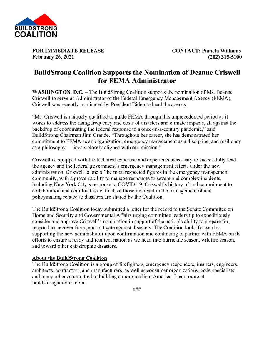 BuildStrongUSA's tweet photo. RELEASE: BuildStrong Coalition Supports the Nomination of Deanne Criswell for @fema Administrator https://t.co/VxqkUmWCUQ https://t.co/4eKaYkWeh7