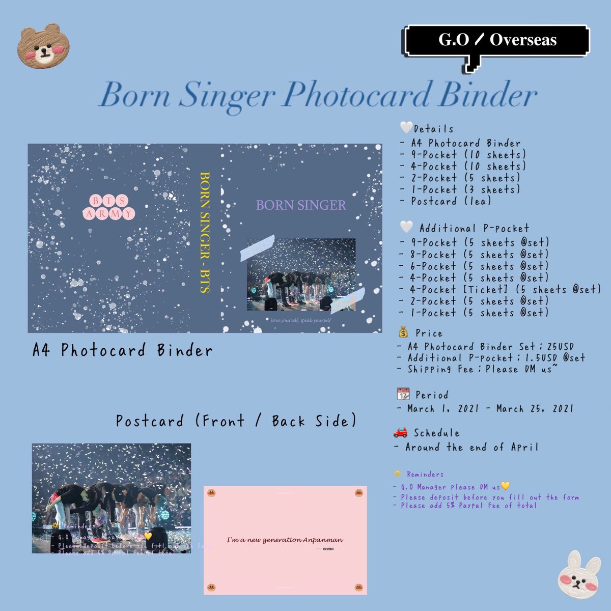 young4everbts7's tweet photo. ✨ 𝐁𝐓𝐒 𝐁𝐨𝐫𝐧 𝐒𝐢𝐧𝐠𝐞𝐫 𝐏𝐡𝐨𝐭𝐨𝐜𝐚𝐫𝐝 𝐁𝐢𝐧𝐝𝐞𝐫 𝐆.𝐎 / 𝐎𝐯𝐞𝐫𝐬𝐞𝐚𝐬 ✨
📆 𝐃𝐞𝐚𝐝𝐥𝐢𝐧𝐞：25 March
.
🔗 𝐋𝐢𝐧𝐤：https://t.co/S3rIB6dKct
.
🔅 𝐑𝐞𝐦𝐢𝐧𝐝𝐞𝐫𝐬
- G.O Manager please DM us💛
- Please deposit before you fill out the form
#BTS https://t.co/of5uom9CGh