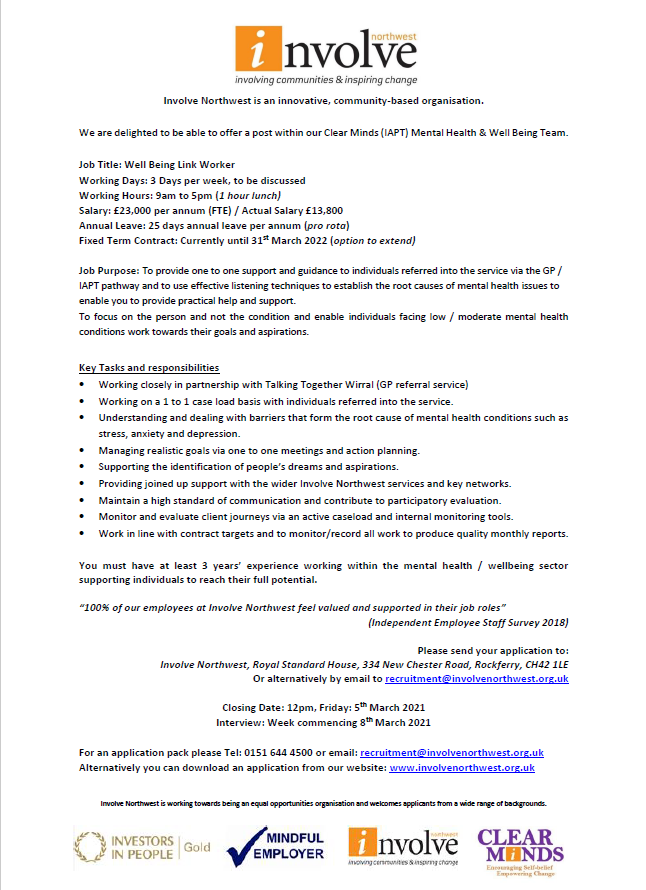 INVOLVENW's tweet photo. WE ARE RECRUITING! π§
Currently, we're looking for somebody to join our Clear Minds team as a Wellbeing Link Worker! π
The job advert and details on how to request an application form are attached.
#InvolveNorthwest #Recruitment https://t.co/yLL6EhtBPC