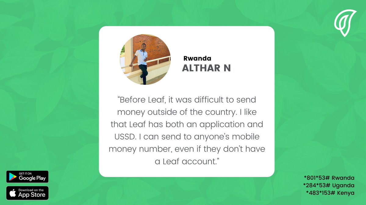 BOSSMoneyAfrica's tweet photo. Here’s what Althar, a top Leaf user, has to say about our digital wallet. We love hearing your feedback! Leave us a review on Google Play and the App Store and engage with us on social media.
#LeafForYou https://t.co/Zm6GohatHo