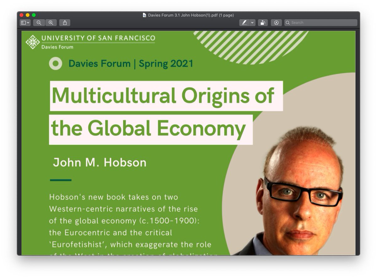 Nora Fisher Onar (@fisheronar) on Twitter photo Looking forward to Dr. John M. Hobson's lecture on "The Multicultural Origins of the Global Economy" under the rubric of the Davies Forum <a href="/ISatUSFCA/">International Studies at USF</a> <a href="/FABIatUSFCA/">FABI-USFCA</a> Join us on Monday, 1 March, 11:45AM-1PM PST.
To register: usfca.zoom.us/webinar/regist… Looking forward to Dr. John M. Hobson's lecture on "The Multicultural Origins of the Global Economy" under the rubric of the Davies Forum <a href="/ISatUSFCA/">International Studies at USF</a> <a href="/FABIatUSFCA/">FABI-USFCA</a> Join us on Monday, 1 March, 11:45AM-1PM PST.
To register: usfca.zoom.us/webinar/regist…