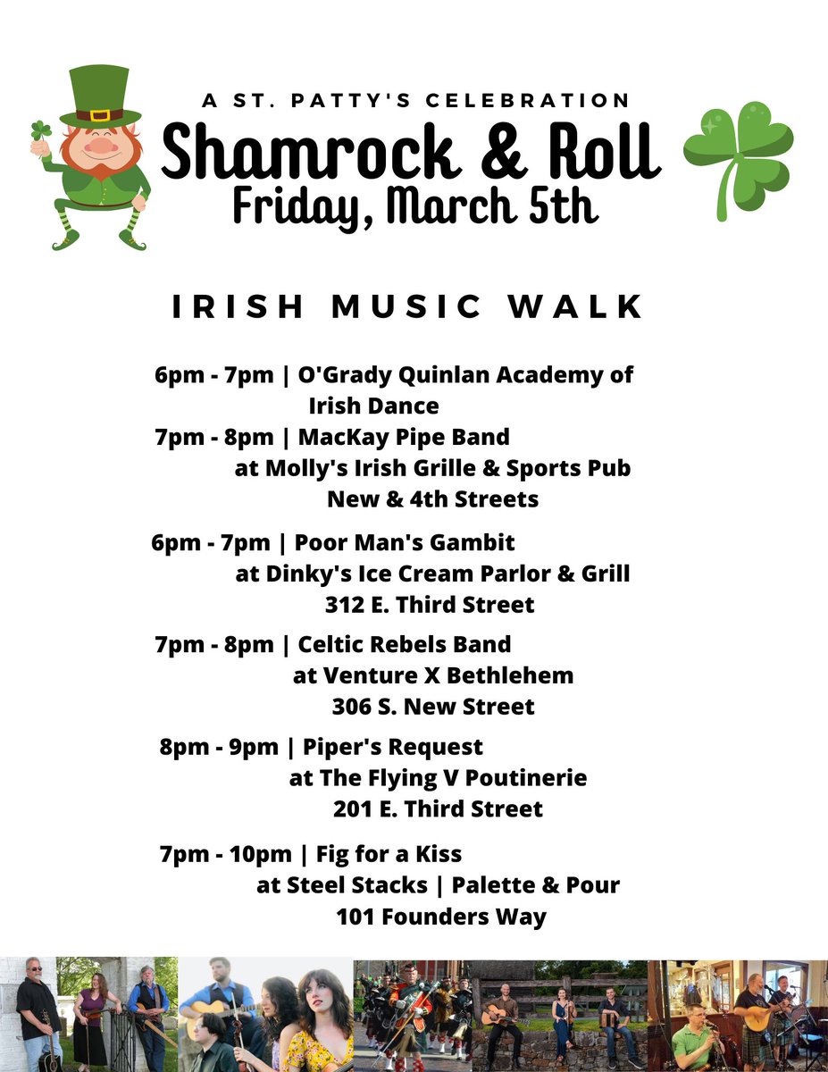 arts_southside's tweet photo. #SouthSideFirstFriday is THIS FRIDAY &amp; we made you an easy to print schedule of all the Irish Music downtown. Don't forget your mask &amp; kilt, it's going to be a great night!
#FirstFridaySouthSide #IrishMusicWalk #southsideartsdistrict 
@VisitBethlehem @mollysbethlehem https://t.co/vooCgqIFr3