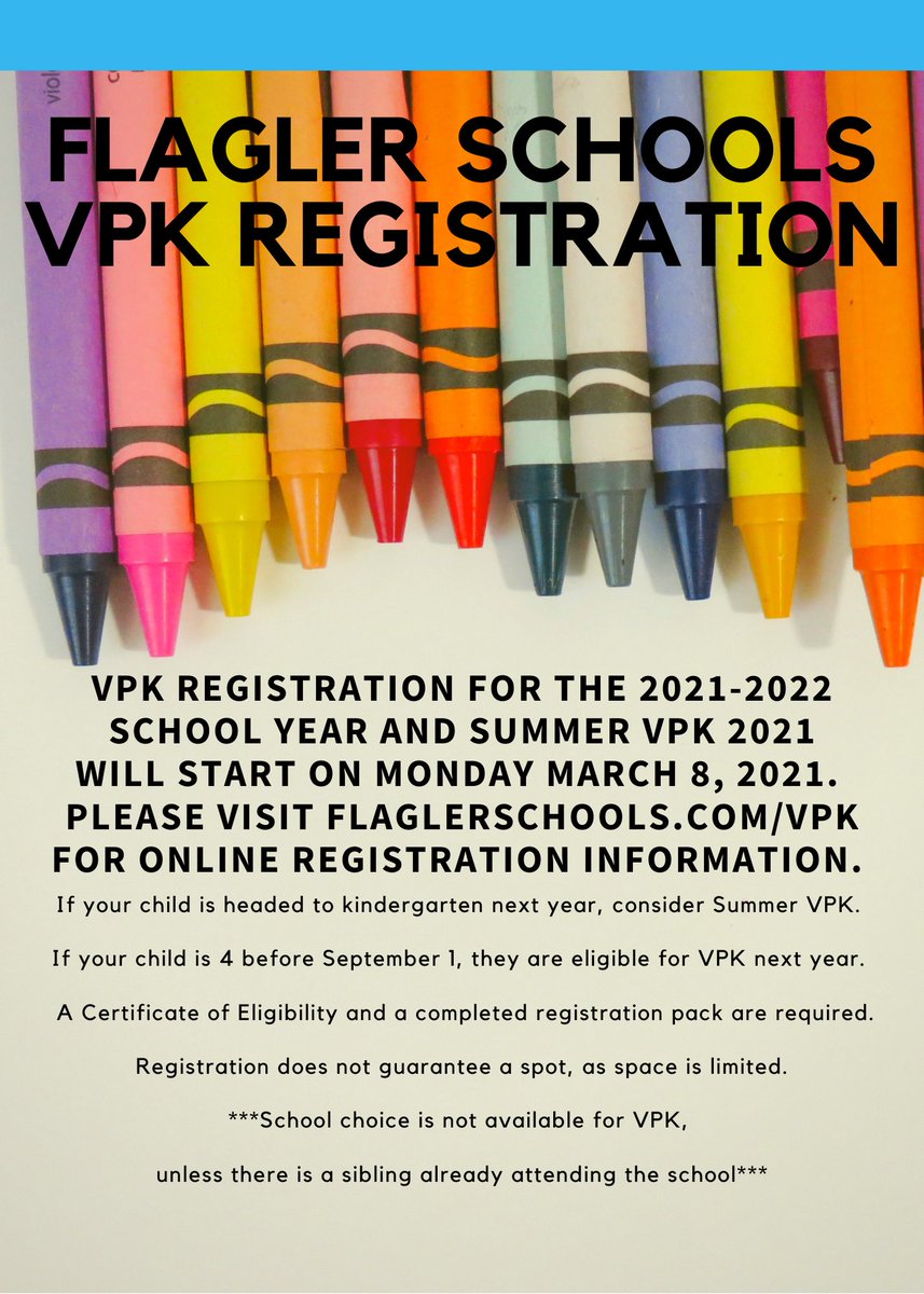 VPK registration and Summer VPK registration start next week! <a href="/FlaglerSchools/">FlaglerSchools</a> <a href="/BESBULLPUPS/">Bunnell Elementary</a> <a href="/BTESBobcats/">BTES</a> <a href="/OKESOwls/">Old Kings Elementary School</a> <a href="/RymfireBeepBeep/">Rymfire Elementary</a> <a href="/WESPANTHER/">Wadsworth Panthers</a>