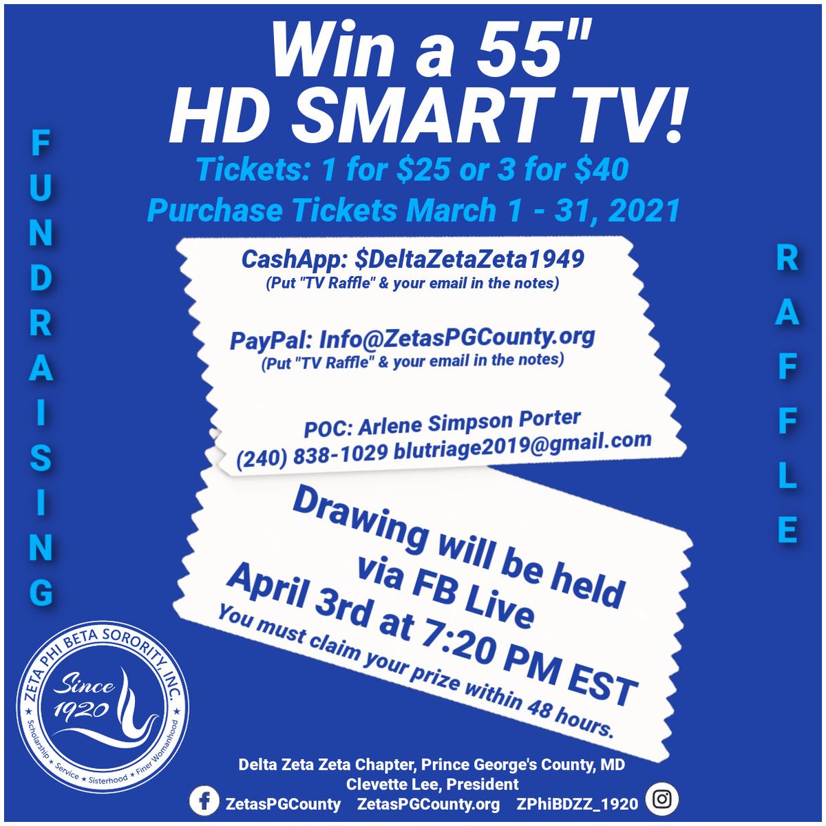 ZetasPGCounty's tweet photo. Support DZZ and you could win a TV! You do not have to be present to win.
#ZetaPhiBeta #ZPhiB #DZZ #PGCountyZetas
#tvraffle, #winatv, #HDSMARTTV https://t.co/yFYzPozbb3