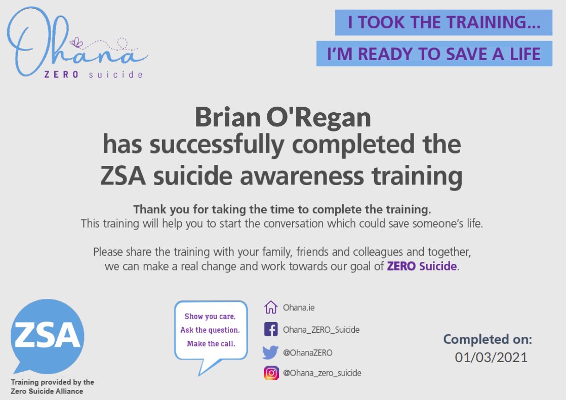 Really glad that I took the time out today and completed the @ohanazero suicide awareness training. Would highly recommend that others do the same. Never know when you might need it. #seesaysignpost