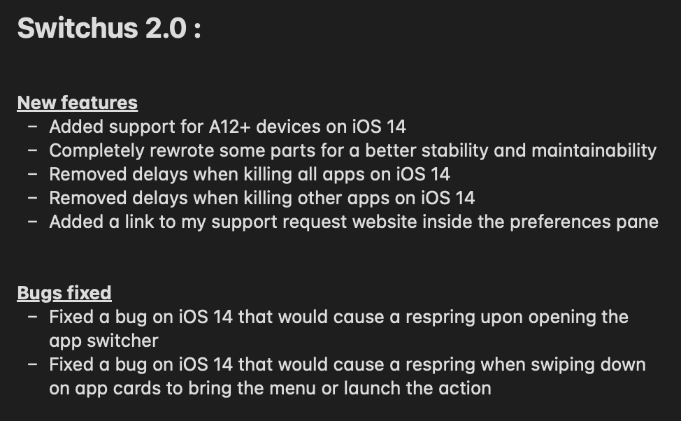 SynnyG_R's tweet photo. #Switchus 2.0 has just been pushed to @packixrepo and should be available quickly!
This is a major update which add full iOS 14 support for all jail breakable devices and boost performances globally. Changelog below. Enjoy :) https://t.co/hgcGZpSEpk