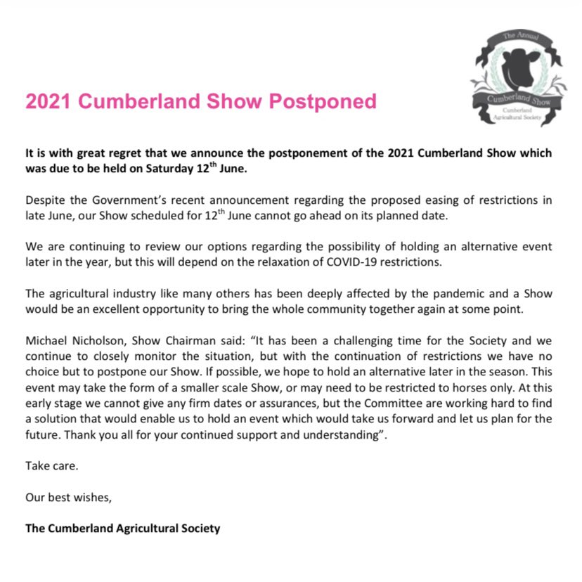 It is with great regret that we announce the postponement of the 2021 Cumberland Show which was due to be held on Saturday 12th June. But don't worry, when we can, we will be back! ☀️🏆👍

bit.ly/38frjR5