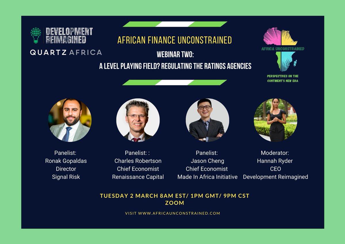 DevReimagined's tweet photo. Signed up for our webinar tomorrow on #Africa, #risk premiums, #Credit ratings agencies, #China's investment in Africa &amp; more?.. Join us to ask tough questions of @RencapMan @RonakGopaldas, Jason Cheng &amp; @hmryder!
📆 Mar 02
⏰ 9pm CST/1pm GMT/8am EST
https://t.co/KdCPCkCzU0 https://t.co/CUXuDal45e