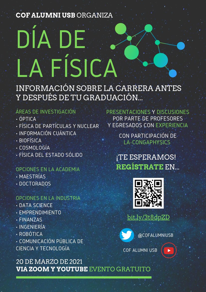 COFAlumniUSB's tweet photo. Nos complace anunciar nuestro próximo evento: ¡El #DíadelaFísica 2021! Será un encuentro online dirigido principalmente a estudiantes de pregrado de #Física en Venezuela, ofreciendo una amplia perspectiva de la carrera dentro y fuera de la academia. #20marzo https://t.co/Bu5On0FCdN