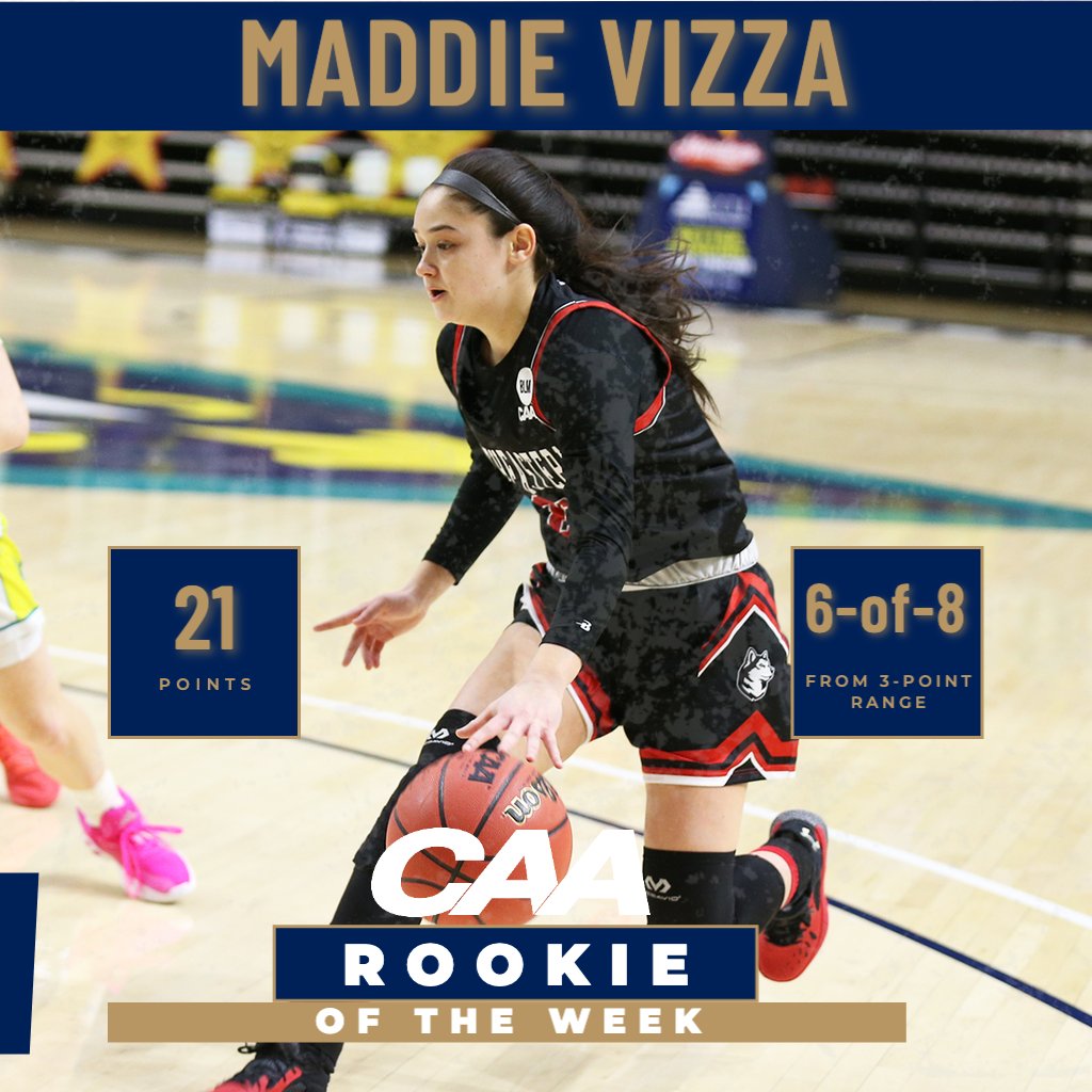 CAABasketball's tweet photo. For the third consecutive week, the #CAAHoops Rookie of the Week is @GoNUwbasketball's Maddie Vizza. She led the Huskies to a win over Hofstra pouring in a game-high 21 points on 75% shooting from beyond the arch and 70% from the field. https://t.co/B6Xsa9Uk3H