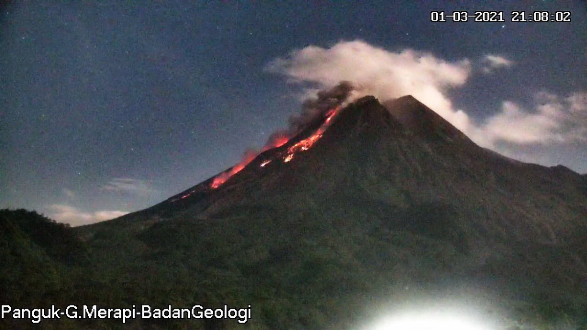 JogjaUpdate's tweet photo. Awanpanas guguran di Gunung Merapi tanggal 1 Maret 2021 pukul 21.06 WIB. Awanpanas guguran tercatat di seismogram dengan amplitudo 66 mm dan durasi 130 detik, estimasi Jarak luncur 1500 m ke arah Barat Daya.

Merapi Siaga sejak 5 November 2020 
@BPPTKG 
https://t.co/g9XaMAcqNi