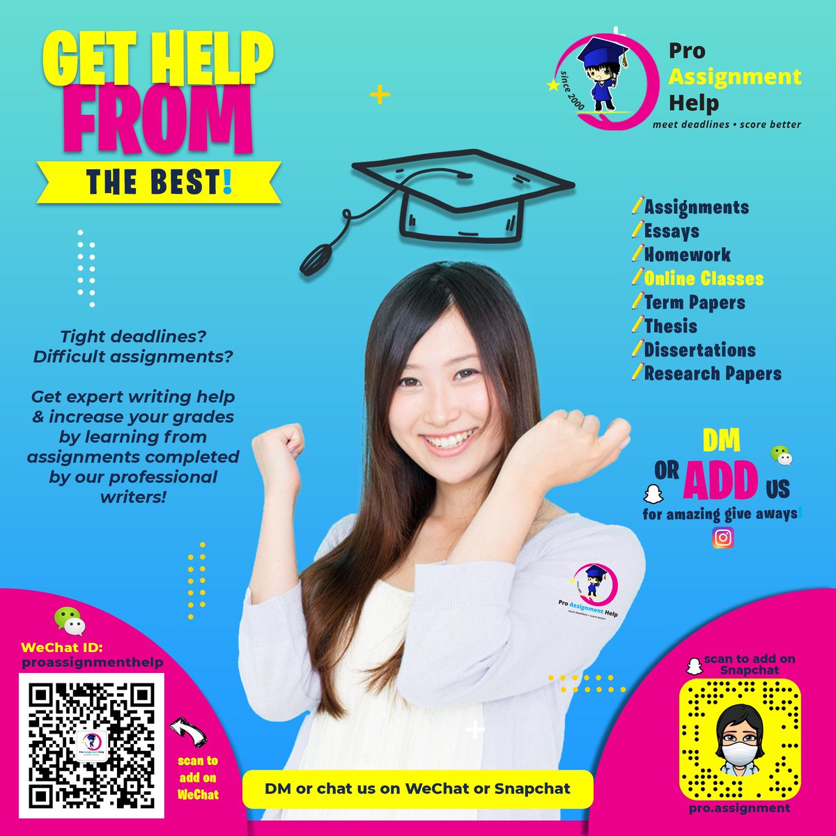 ProAssignmentH1's tweet image. With our Pro Assignment Help services, we always assure you of the top grades! Dm us or chat us on Snapchat or WeChat to get amazing offers!

Snapchat Username: Pro.Assignment
WeChat Id: ProAssignmentHelp

#assignment #assignmenthelp #essay #essayhelp #onlineclasses