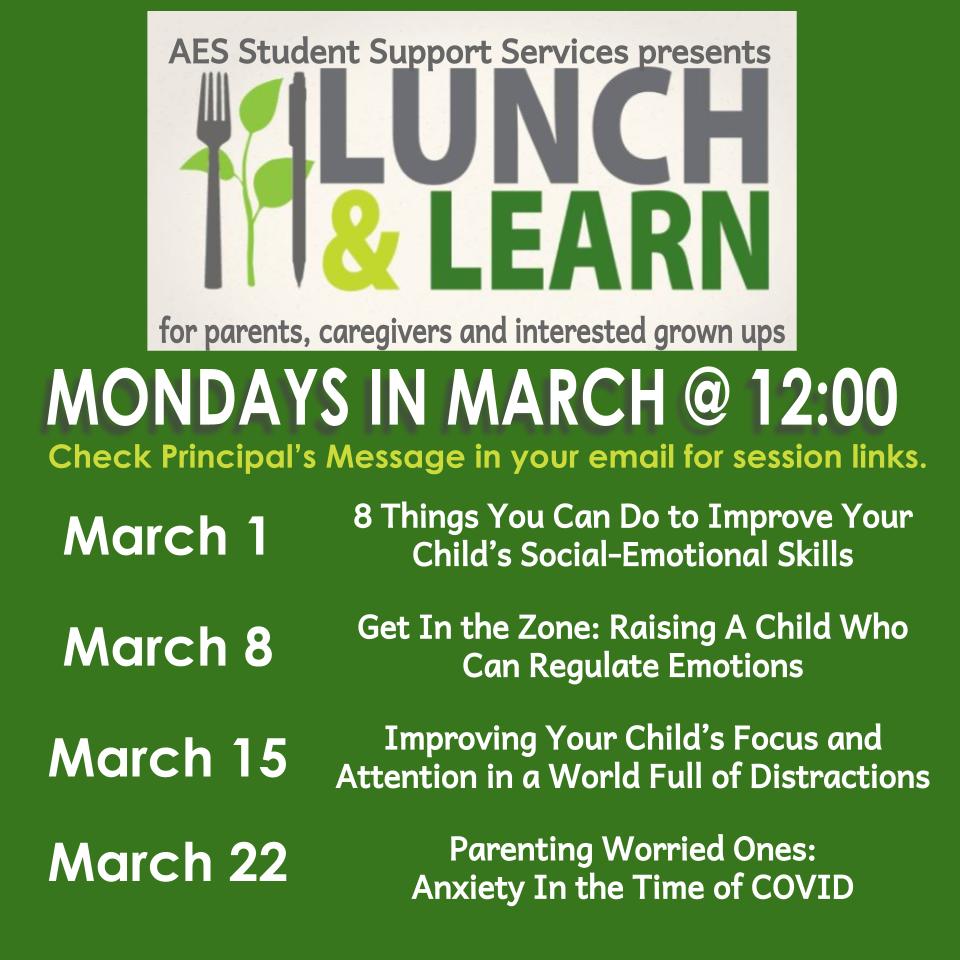 Mondays in March start today! Attention grown ups of <a href="/apexescougars/">Apex Elementary</a> and other interested adults, log on at noon for Lunch &amp; Learn: 8 Things You Can Do to Improve Your Child's Social Emotional Skills. Need meet link? Check yesterday's Principal Message or email ccockman@wcpss.net