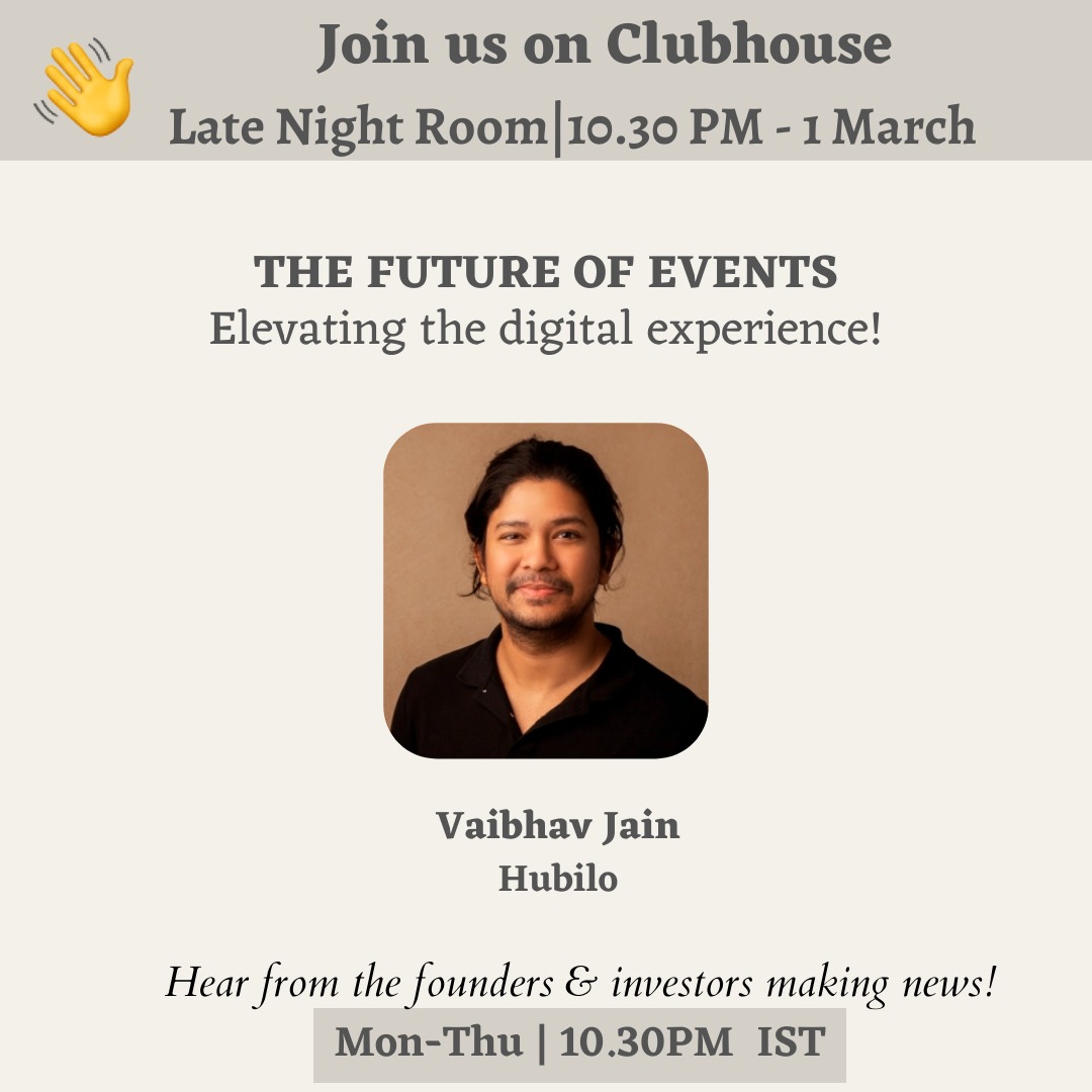 Sarthak Singh (@sasarthaksingh) on Twitter photo Join us today on Late Night Room - Club Houseđź‘‹ at 10:30PM to listen to <a href="/jvaibhav1101/">Vaibhav Jain</a> talk about the future of events and how <a href="/Hubiloconnect/">Hubilo</a> is elevating the digital experience of virtual events!
Link: joinclubhouse.com/event/PNyY6neZ
<a href="/anagh_prasad/">Anagh Prasad</a> <a href="/jvaibhav1101/">Vaibhav Jain</a> <a href="/Hubiloconnect/">Hubilo</a> <a href="/byharii/">Hari Krishnan</a> Join us today on Late Night Room - Club Houseđź‘‹ at 10:30PM to listen to <a href="/jvaibhav1101/">Vaibhav Jain</a> talk about the future of events and how <a href="/Hubiloconnect/">Hubilo</a> is elevating the digital experience of virtual events!
Link: joinclubhouse.com/event/PNyY6neZ
<a href="/anagh_prasad/">Anagh Prasad</a> <a href="/jvaibhav1101/">Vaibhav Jain</a> <a href="/Hubiloconnect/">Hubilo</a> <a href="/byharii/">Hari Krishnan</a>