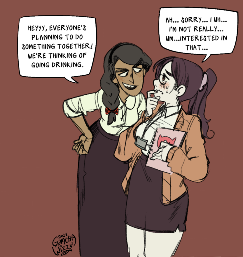 Timid-chan is so cute I love her I care her (proceeds to draw her being put in an awkward situation)
Timid Office Lady belongs to @poch4n !!!