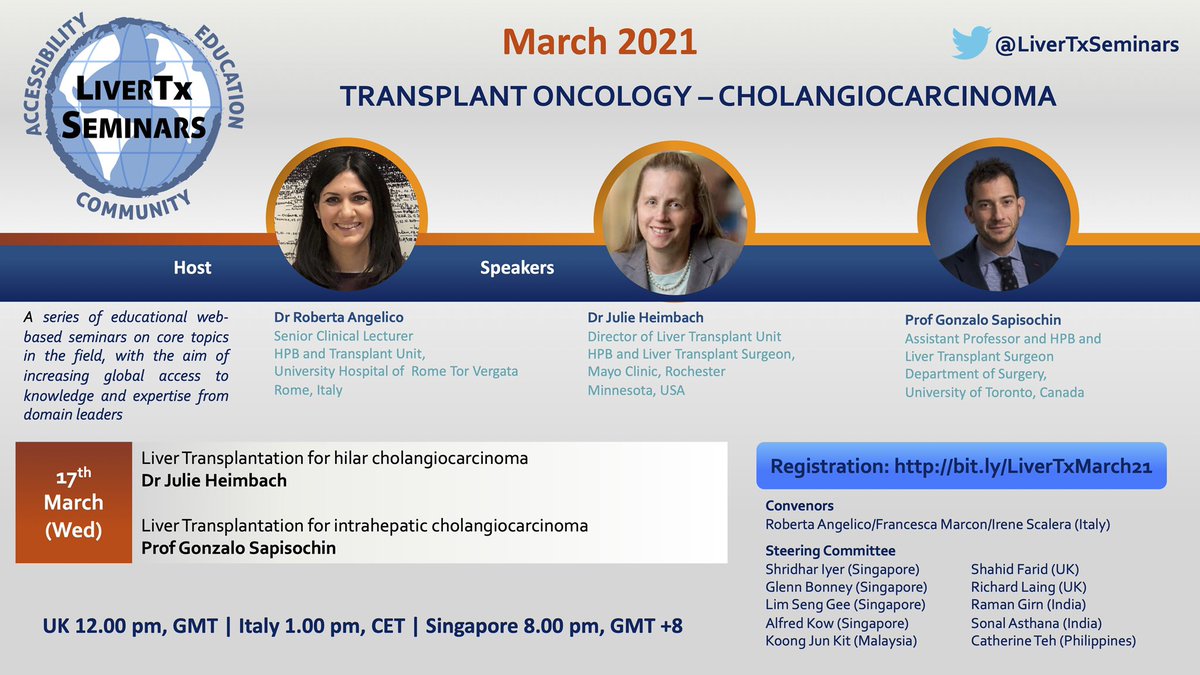 LiverTxSeminars (@livertxseminars) on Twitter photo This month in our Transplant Oncology series we review #LiverTx for Cholangiocarcinoma with two world experts Dr <a href="/JulieHeimbach/">Julie Heimbach</a> from Mayo Clinic and Prof Gonzalo @sapisochin from Toronto!
Register now and see you on Wed 17 Mar! 👉 bit.ly/LiverTxMarch21 This month in our Transplant Oncology series we review #LiverTx for Cholangiocarcinoma with two world experts Dr <a href="/JulieHeimbach/">Julie Heimbach</a> from Mayo Clinic and Prof Gonzalo @sapisochin from Toronto!
Register now and see you on Wed 17 Mar! 👉 bit.ly/LiverTxMarch21