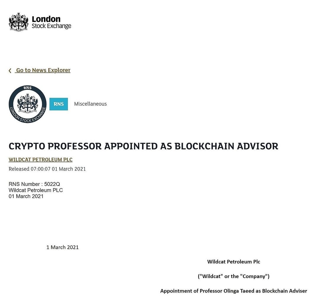 ttpcenter's tweet photo. In a news release today, #Wildcat #Petroleum Plc announced via the #LondonStockExchange News Service (#RNS), a statement concerning the appointment of #crypto Professor. @olingataeed as #Blockchain Adviser https://t.co/3Px0AGdca7 #GoodisTrending #ProcuredvalueS #IdeologyinCode https://t.co/pmSIZRKHjz