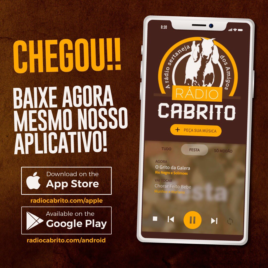 rcabrito's tweet photo. Falaaaa Cabritada! 📻🐐

Agora melhor rádio sertaneja da galáxia tem Aplicativo para celular!

Além disso, você pode pedir sua música, que será tocada na sequência para você...🎵

App para android ⬇️
https://t.co/ptIXSLOSnc

App para Apple IOS ⬇️
https://t.co/NdGKTSf918 https://t.co/jaiZluExL8
