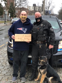 ArlingtonMAPD's tweet photo. #ArlingtonMA resident Sergei Marcoux put a lot of time & effort into making this sign for #K9OfficerHogan & #K9Eiko , which means a lot to this hard working handler. Thank you Sergei! #BestK9 https://t.co/aV8G0CYKiH
