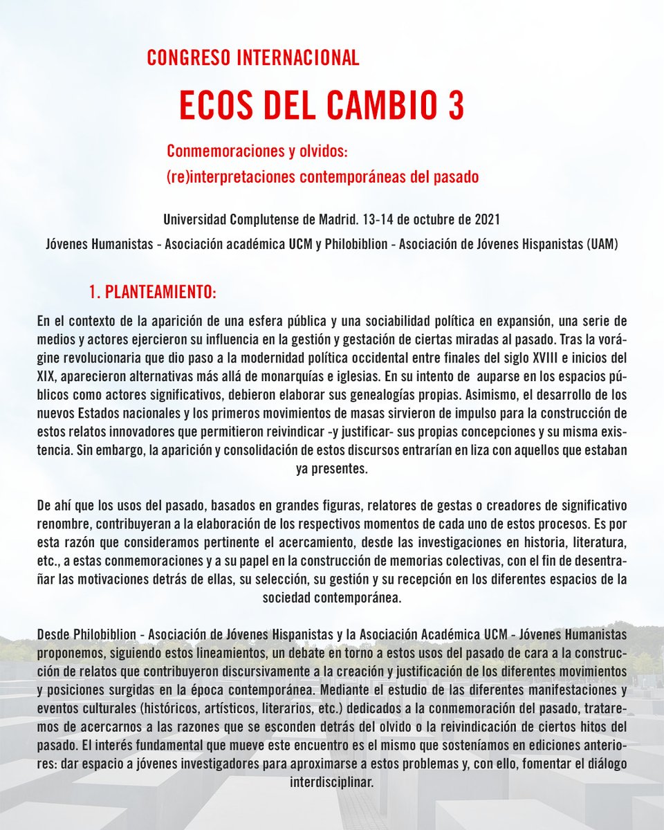 jhumanistasucm's tweet image. ¡Tenemos noticias! Os anunciamos que se abre el periodo de recepción de propuestas de la III edición de "Ecos del cambio", en colaboración con nuestros colegas de @PhilobiblionUAM 🙌 Lleva por título "Conmemoraciones y olvidos: (re)interpretaciones contemporáneas del pasado".
