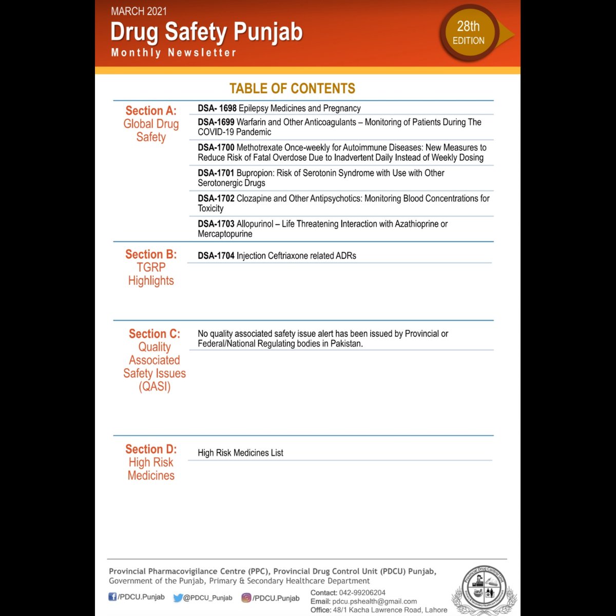 DDC_Punjab's tweet photo. ATTENTION!
-28th Edition of Drug Safety Punjab, Monthly Newsletter of Provincial Pharmacovigilance Centre (PPC), PDCU, Punjab has been released.
To access please follow the mentioned Website URL: https://t.co/JpYbmAjBVb

#Newsletter #DrugSafety #PPC #Pharmacovigilance #PDCU https://t.co/lUwHRL50wx