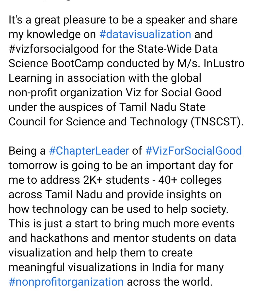 aish22011988's tweet photo. @VizFSG It's going to be an important day for us tomorrow to start with our events and #datathons in India. As a chapter leader of Chennai and Bangalore, I would be addressing and be talking about #VizForSocialGood to 2K + students collaborating with #InLustro&amp; @tnscst https://t.co/Bu17UZCqyG