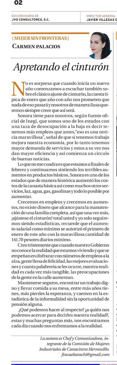 CarmenPalacio05's tweet photo. Les comparto como cada lunes mi pensamiento escrito, agradeciendo siempre sus finos comentarios @RevistaCorreo @NoticiasCorreo https://t.co/hJU8UMk7Eq todo sube menos la responsabilidad de quienes están al frente en la toma de decisiones, mientras tanto ajustemonos el cinturón. https://t.co/FKnMBrnIR6