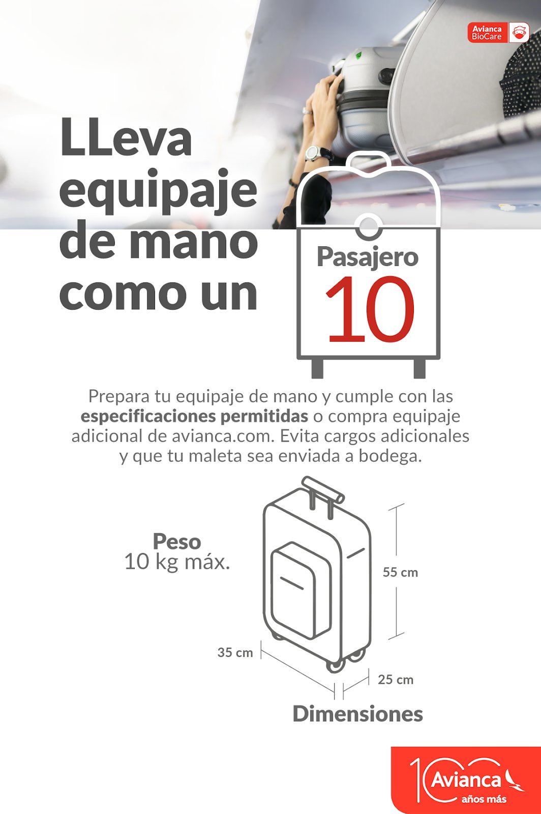 Avianca on Twitter: "¡Compra tu equipaje adicional con descuento en https://t.co/t2oMumwQXz o app, como un pasajero 10! Conoce las características de tu equipaje de mano, evita cobros adicionales y