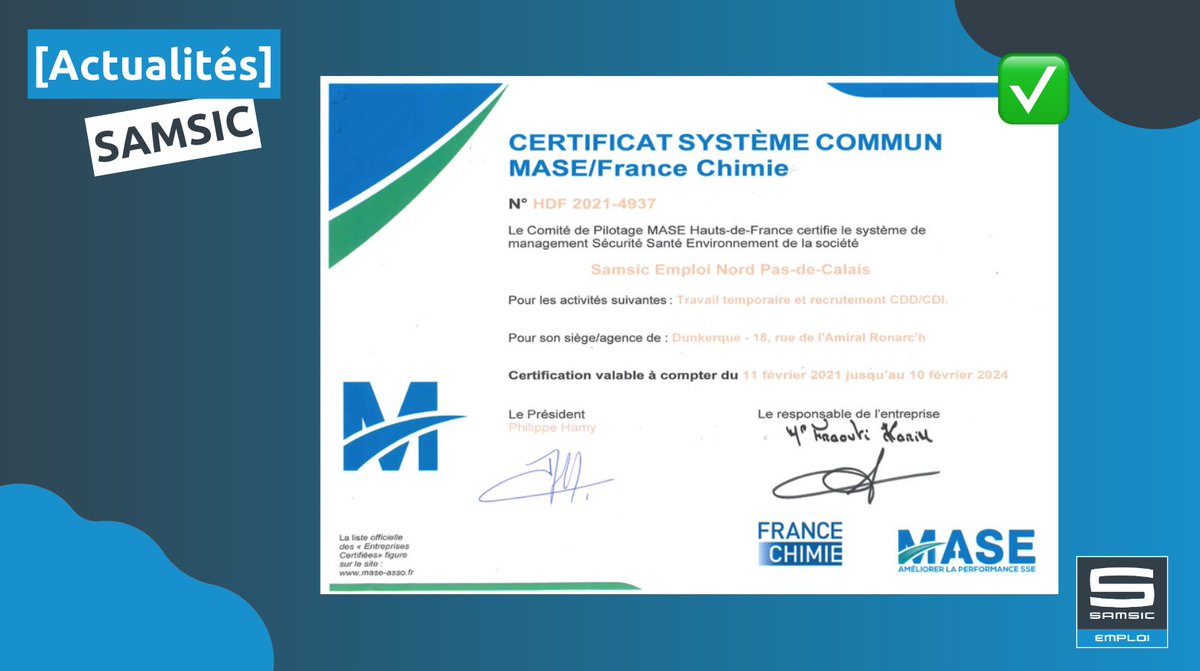 [Breaking news] <a href="/SamsicEmploi/">Samsic Emploi</a> #Dunkerque a obtenu la certification #MASE ! 🎉

Le 11 février dernier, le comité de pilotage MASE Hauts-de-France a attribué une #certification Sécurité à notre agence de #Dunkerque pour une durée de 3 ans. ✅

➡️ masehdf.fr