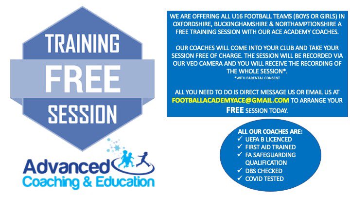FREE SESSION FOR YOUR UNDER 16 SIDE ⚽️⚽️

We are offering the opportunity for our coaches to come into your club and take a session. 

If you are interested email us today:
📧 footballacademyace@gmail.com

#freesession #under16football #localfootball #grassrootsfootball