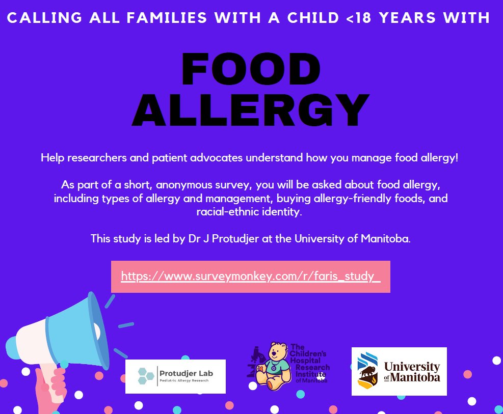 Attn families in Canada and US with a child with food allergy! Consider completing a survey to help us understand food allergy mgmt, incl food allergy-friendly foods:
 surveymonkey.com/r/faris_study
Pls share widely.

<a href="/VenterCarina/">Carina Venter PhD RD</a> <a href="/ruchisgupta/">Dr. Ruchi Gupta</a> <a href="/FoodAllergyCAN/">Food Allergy Canada</a> <a href="/umanitoba/">University of Manitoba</a> <a href="/CHRIManitoba/">CHRIM</a>