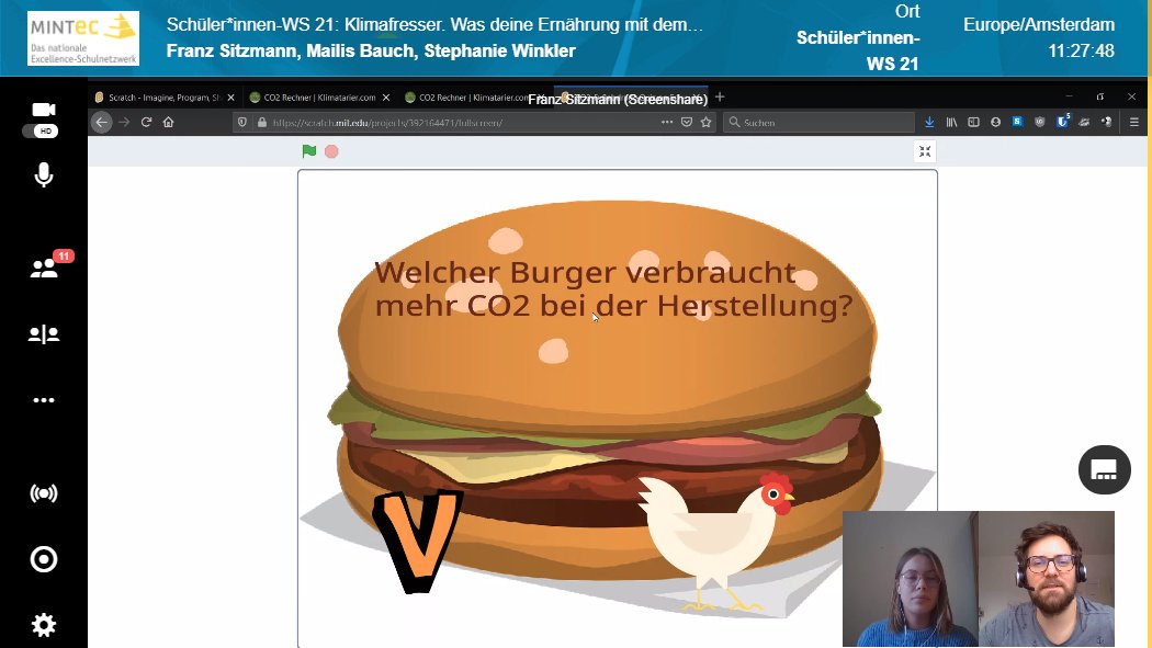 coding_tomorrow's tweet photo. Hamburger als Klimakiller? In unserem MINT-Workshop mit @jungetueftler und #digitalliteracylab beim @mint_ec-Digitalforum haben wir gemeinsam mit Schüler:innen ein Quiz programmiert, das zeigt welche Auswirkungen unsere Ernährung auf das Klima hat. #Klimafresser https://t.co/Xtzh6J1Y4p