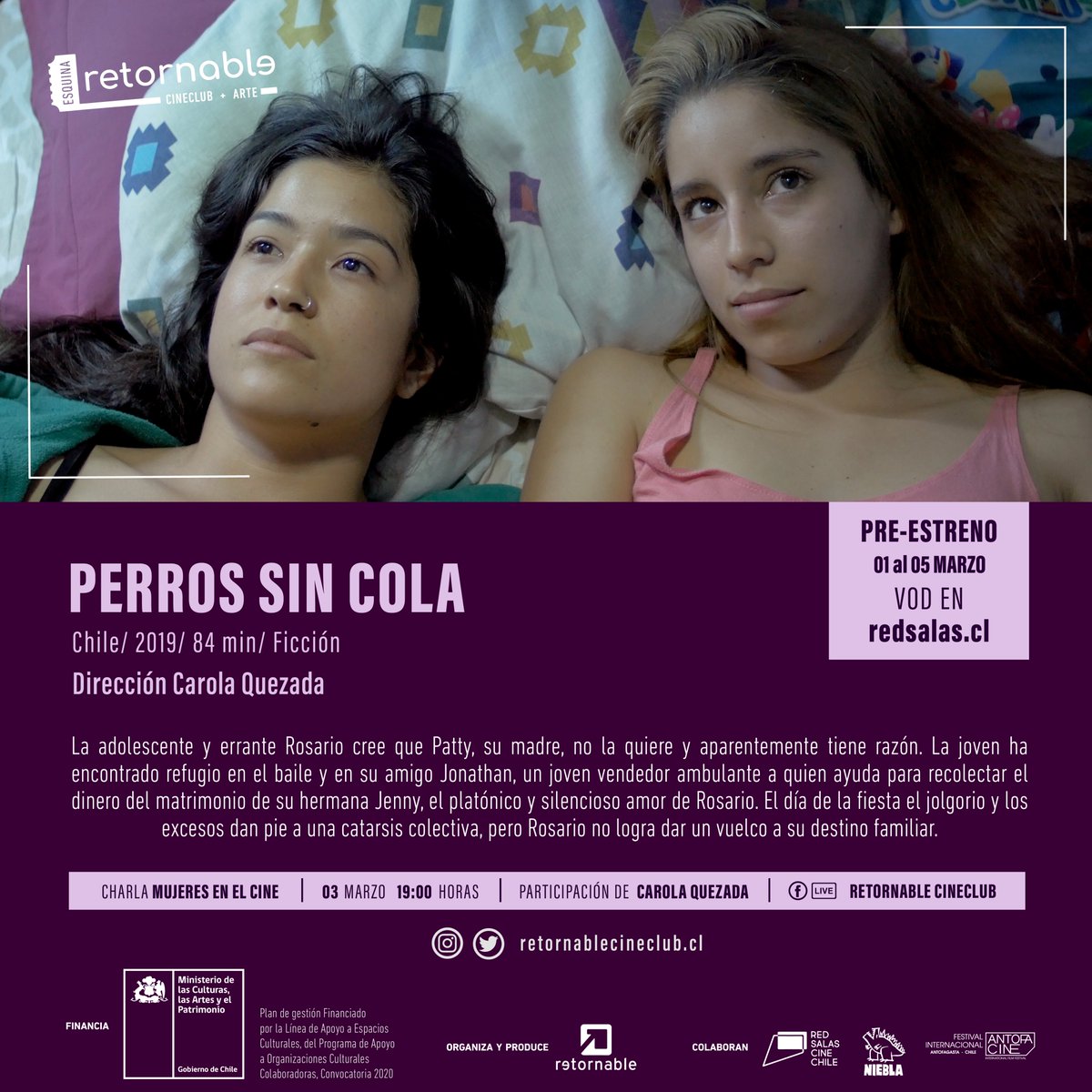 esquinacineclub's tweet photo. 📽️Ya puedes ver a través del sistema VOD de la @redsalascl el Preestreno de la película #Perrossincola, de la directora antofagastina Carola Quezada.
Una peli imperdible realizada en la ciudad de #Antofagasta
Revísala acá: https://t.co/NCTPjY6LBn
Disponible del 1 al 5 de marzo
🙌🏽 https://t.co/kBDhjft1rw