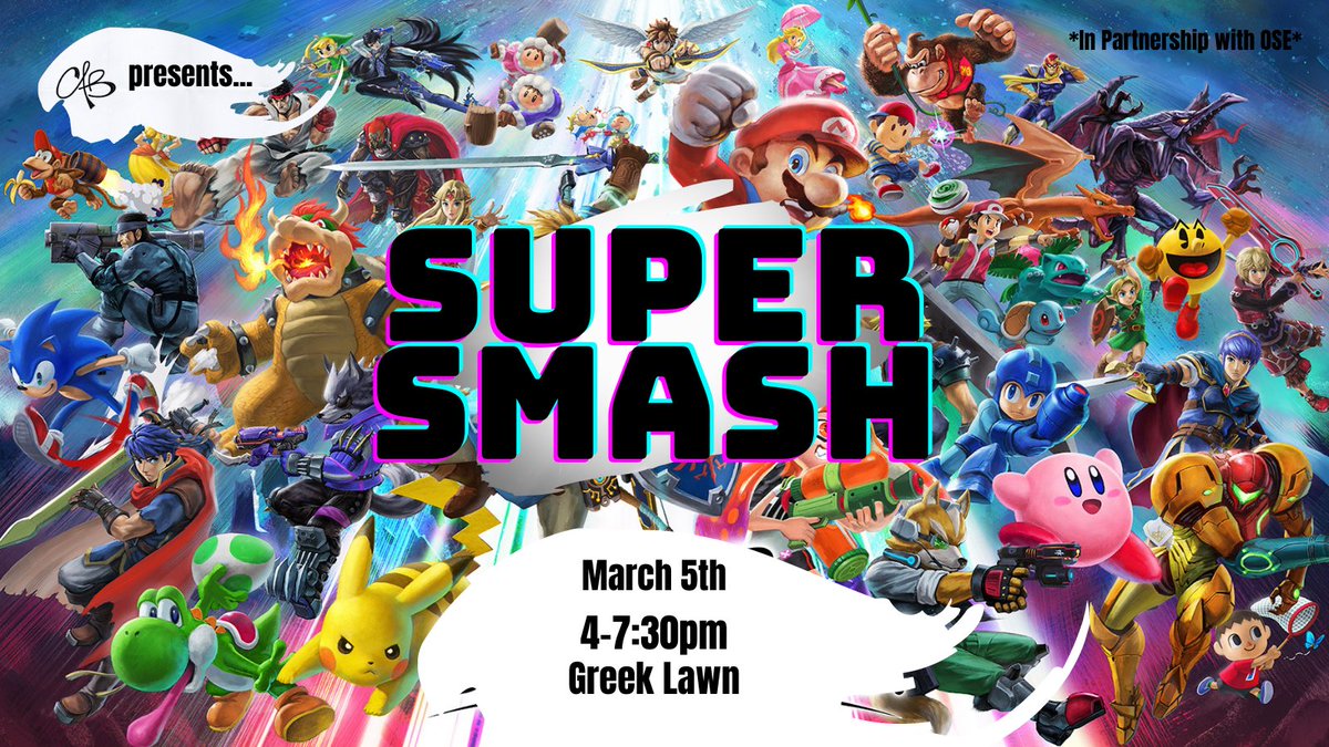 This Friday CAB Presents... Super Smash! A great event to relieve your stress with midterms and schoolwork, by smashing plates and other competitors in a video game! No sign ups required!