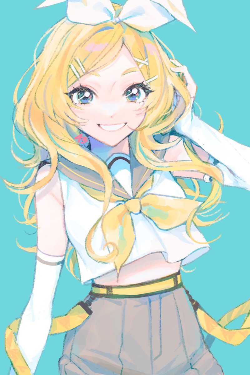 kagamine rin 1girl solo blonde hair smile hair ornament hairclip yellow neckerchief  illustration images