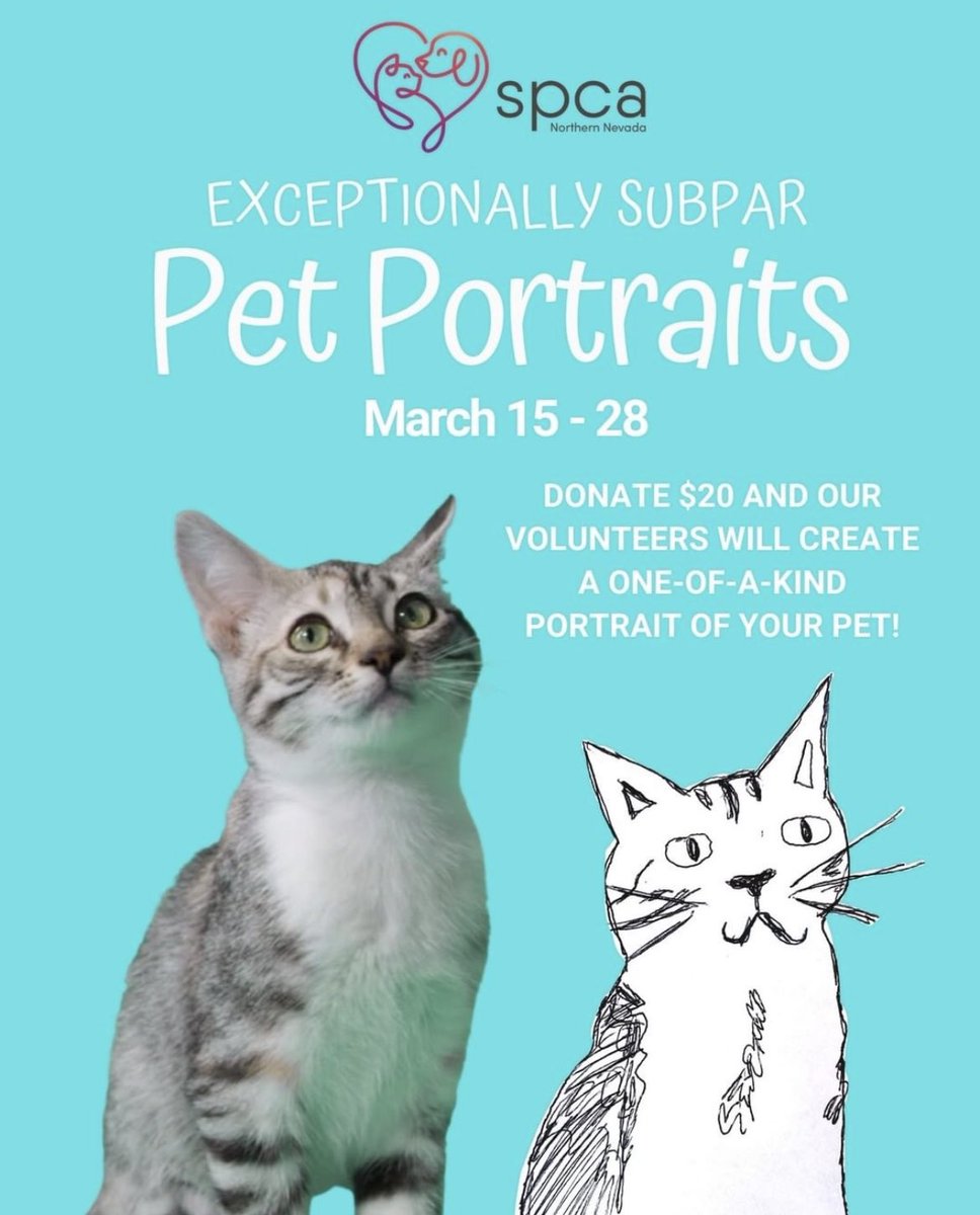 Our wildly popular Exceptionally Subpar Pet Portraits fundraiser is BACK! 

One week from TODAY we wll be offering completely original, mediocre-at-best masterpieces of your furry loved ones created by our team of volunteer Picassos!

#fundraiser #savepets