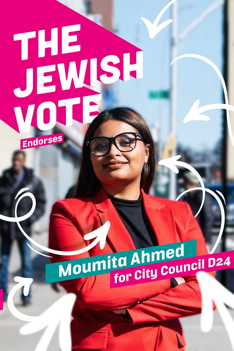 TheJewishVote's tweet photo. Moumita Ahmed's back! And @JFREJNYC members are doubling down with our endorsement in Queens CD24!
Unbossed, unbought, unbothered by 3 billionaires, the establishment machine and GOP who don't want her to succeed. @disruptionary will take back Queens!
Join #JewsForMoumita! https://t.co/bR4NJfn9dj