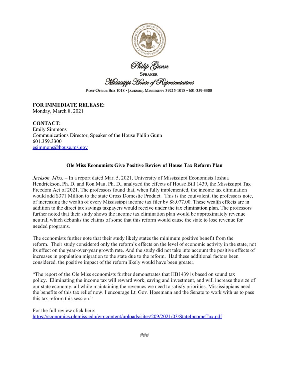 PhilipGunnMS's tweet image. Ole Miss economists give positive review of MS House tax reform plan